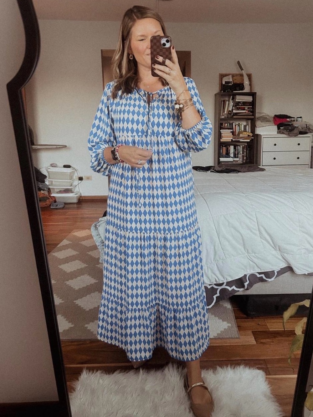 Blue and White Diamond-Print Tiered Maxi Dress